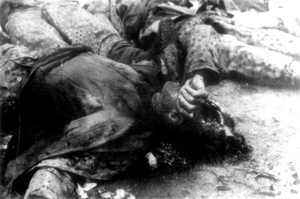 The body of a dead SS soldier who was sent to surrender the camp