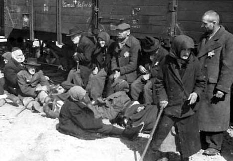 Elderly Hungarian Jews waiting to be taken to the gas chamber